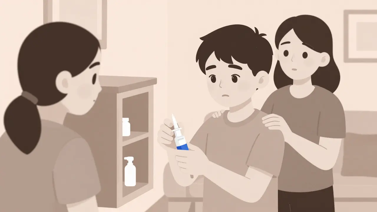 Family keeping naloxone spray at home for emergency preparedness