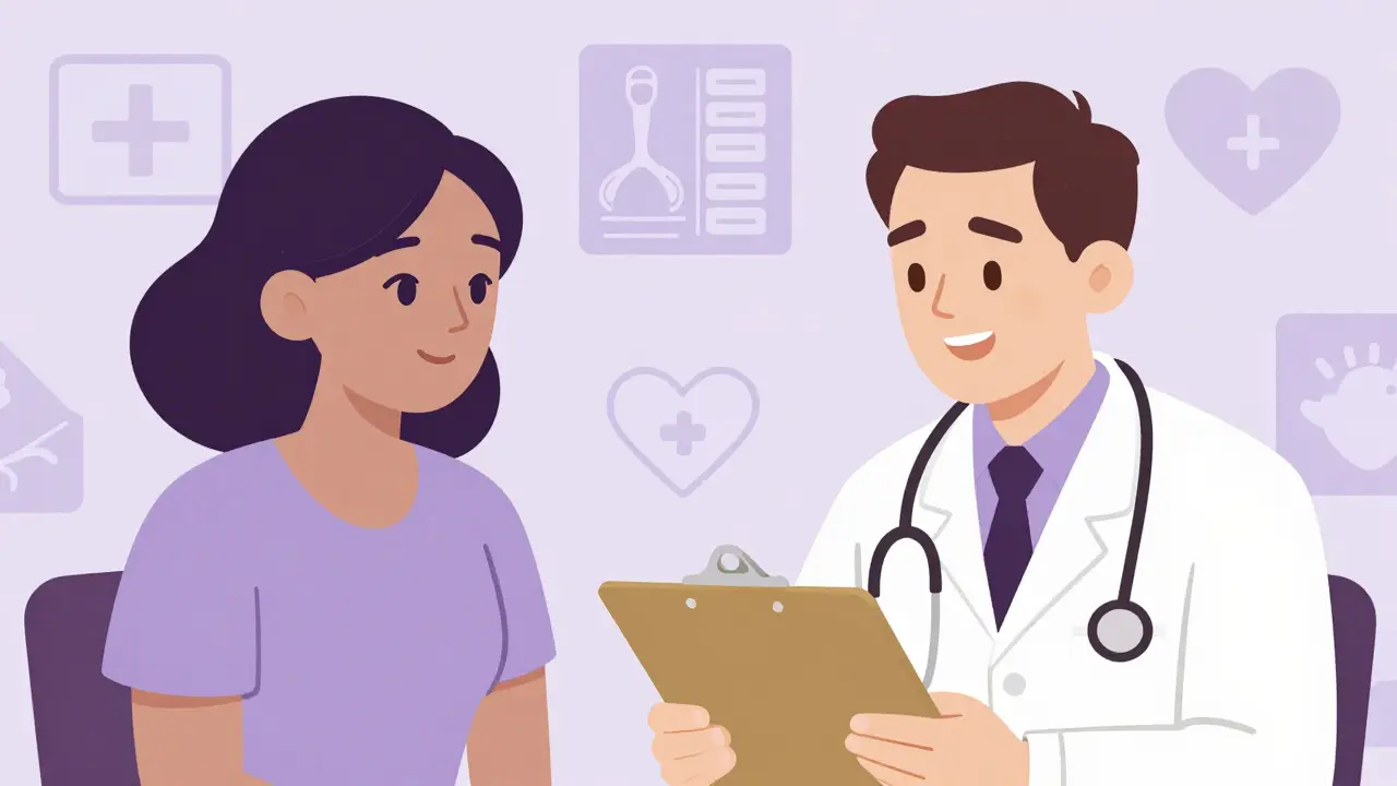 Friendly duotone illustration of a doctor discussing treatment with a patient.