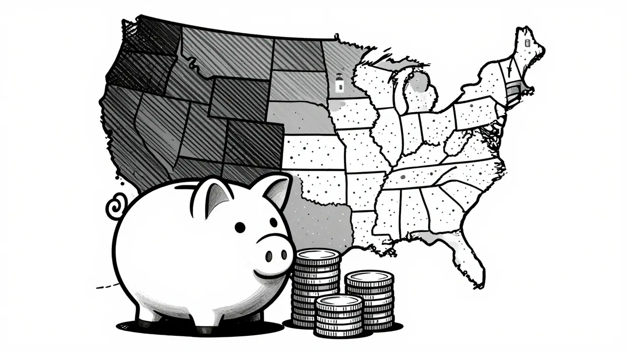 Graphic illustration of cost savings and US map divided by drug substitution laws