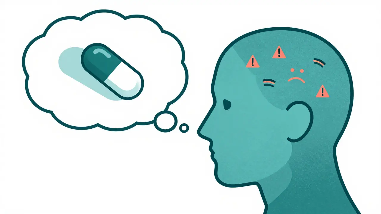 Illustration of nocebo effect showing negative thoughts about generic meds