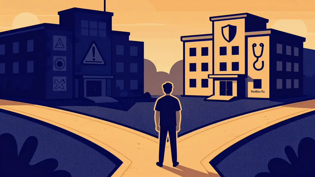 Illustration showing safe verified pharmacy vs risky site