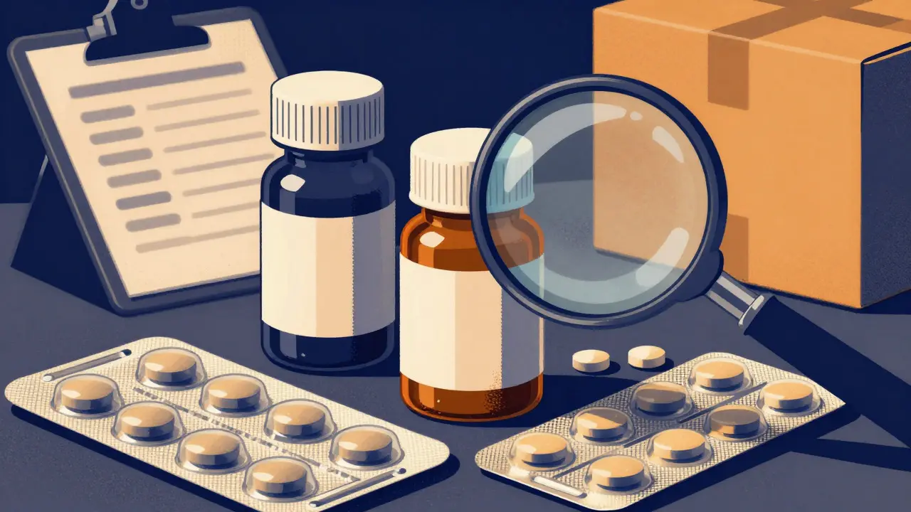 Magnifying glass inspecting antibiotic pills for safety