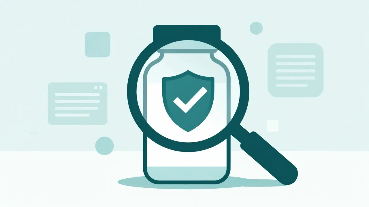 Magnifying glass verifying safe online pharmacy certification