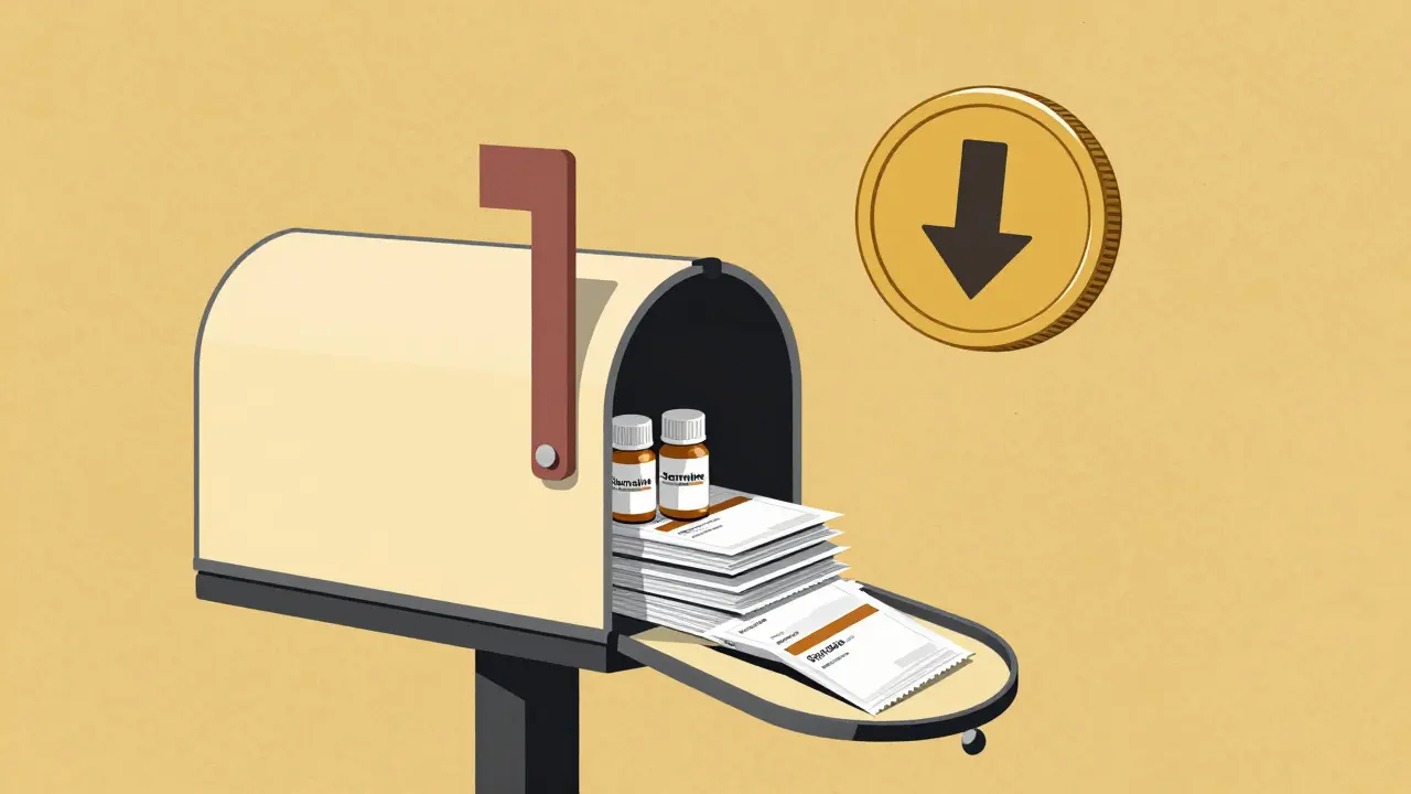 Mailbox with medication packages and coin symbolizing savings