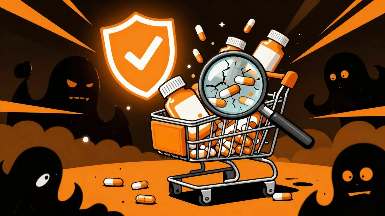 Melting fake pills in cart vs verified pharmacy shield in orange