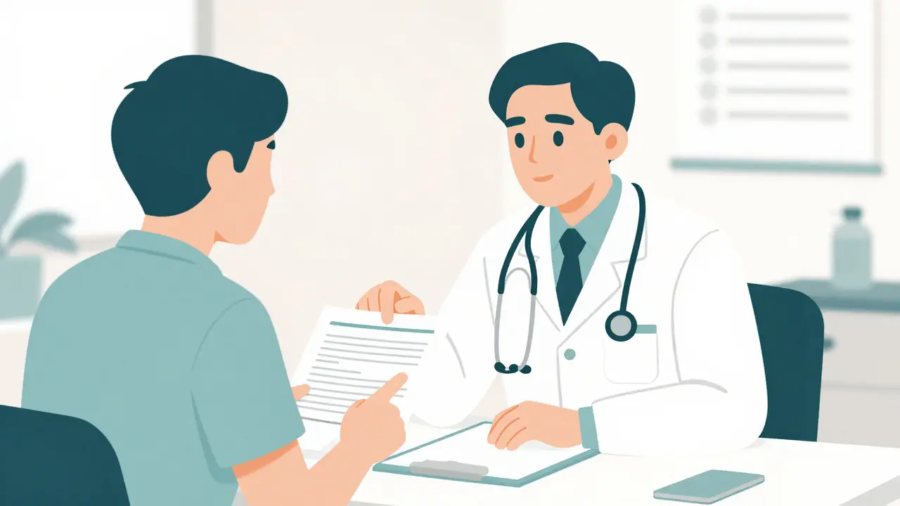 Patient discussing medication list with doctor