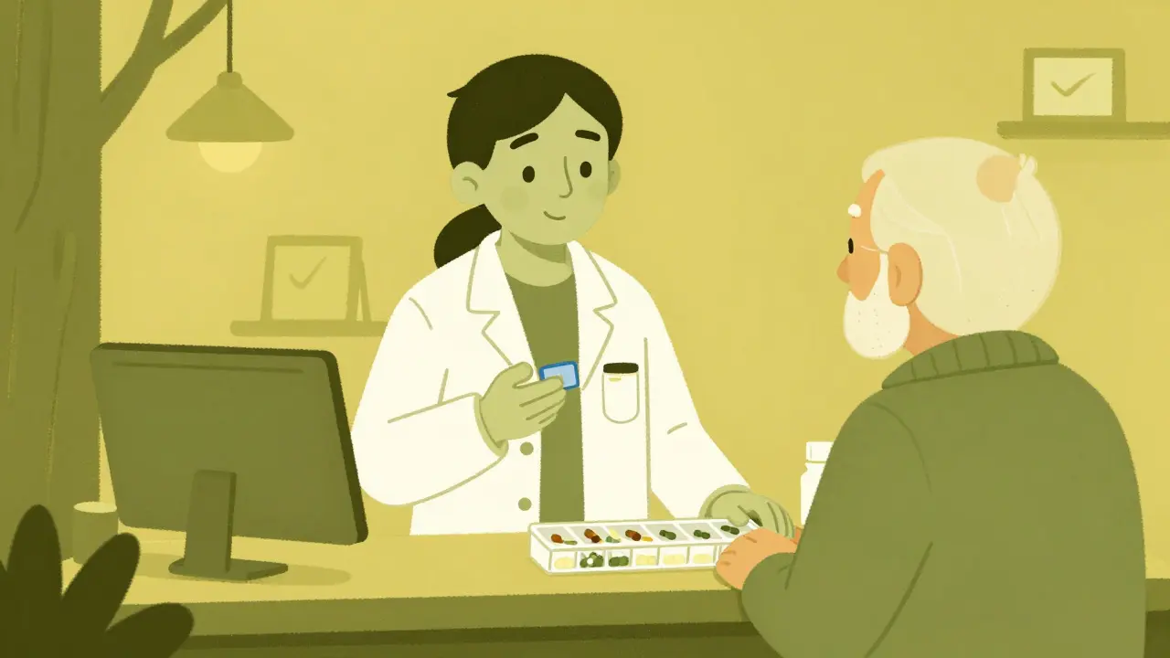 Pharmacist counseling elderly patient using a weekly pill organizer