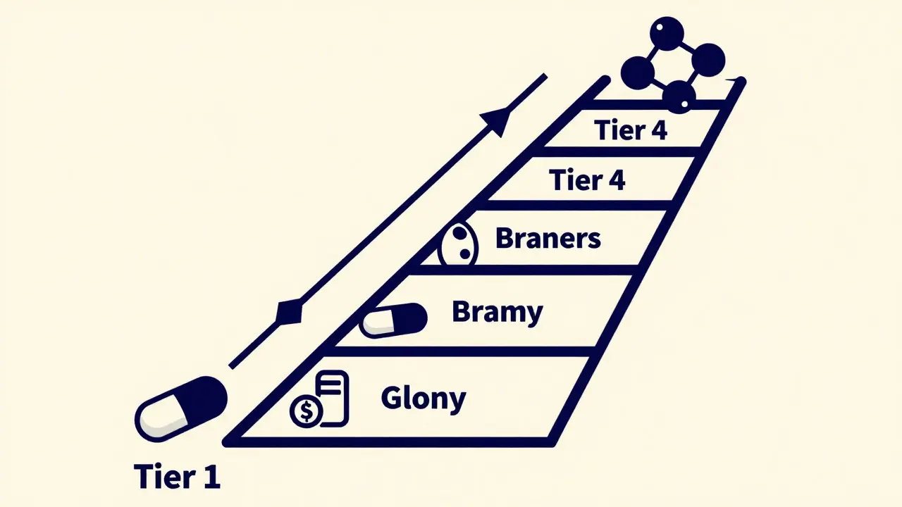 Staircase diagram showing drug formulary tiers from generic to specialty