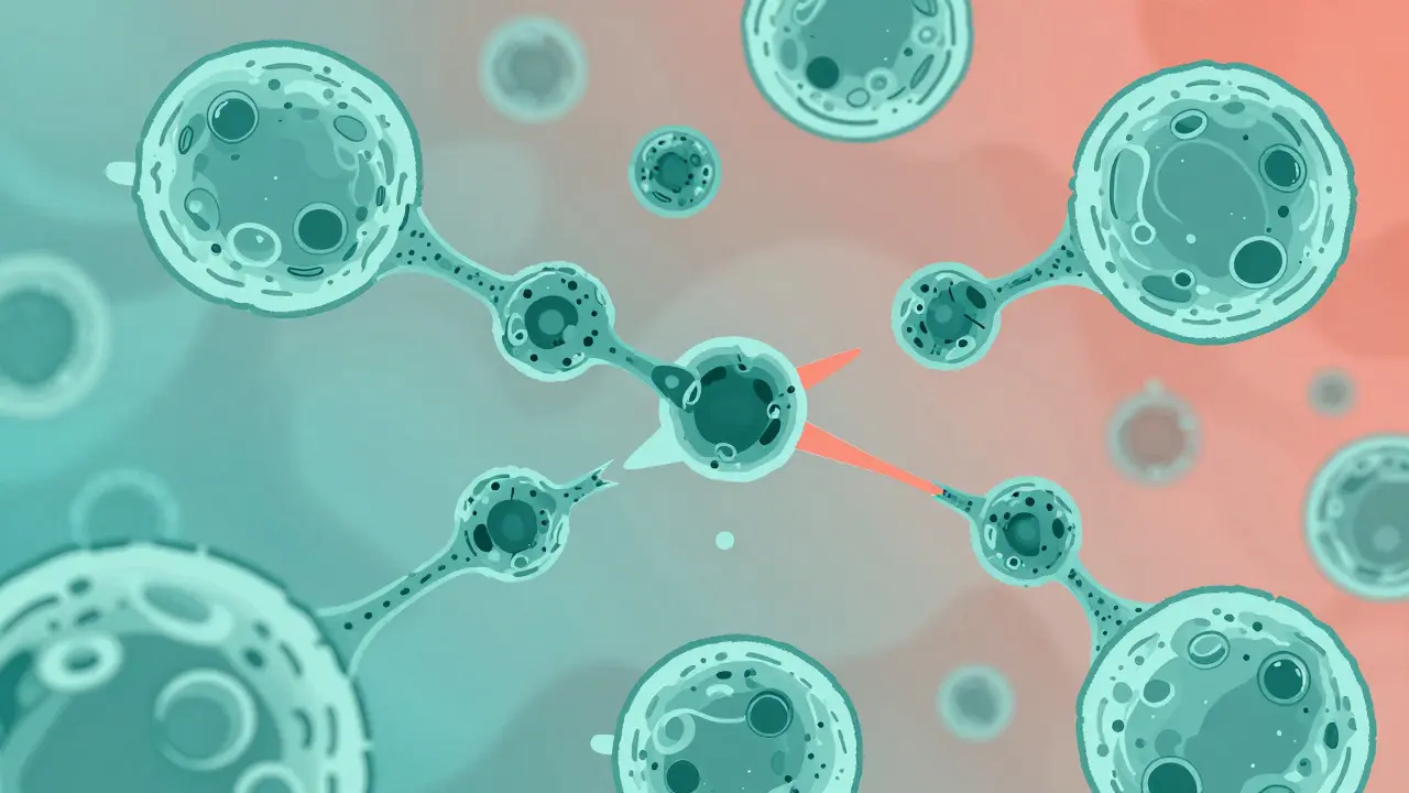 Abstract illustration of drug molecules interacting with cells