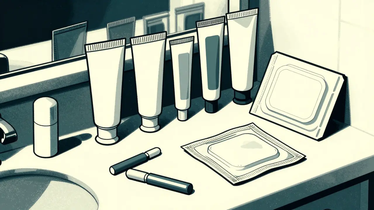 Assorted hemorrhoid creams and wipes on a counter in duotone
