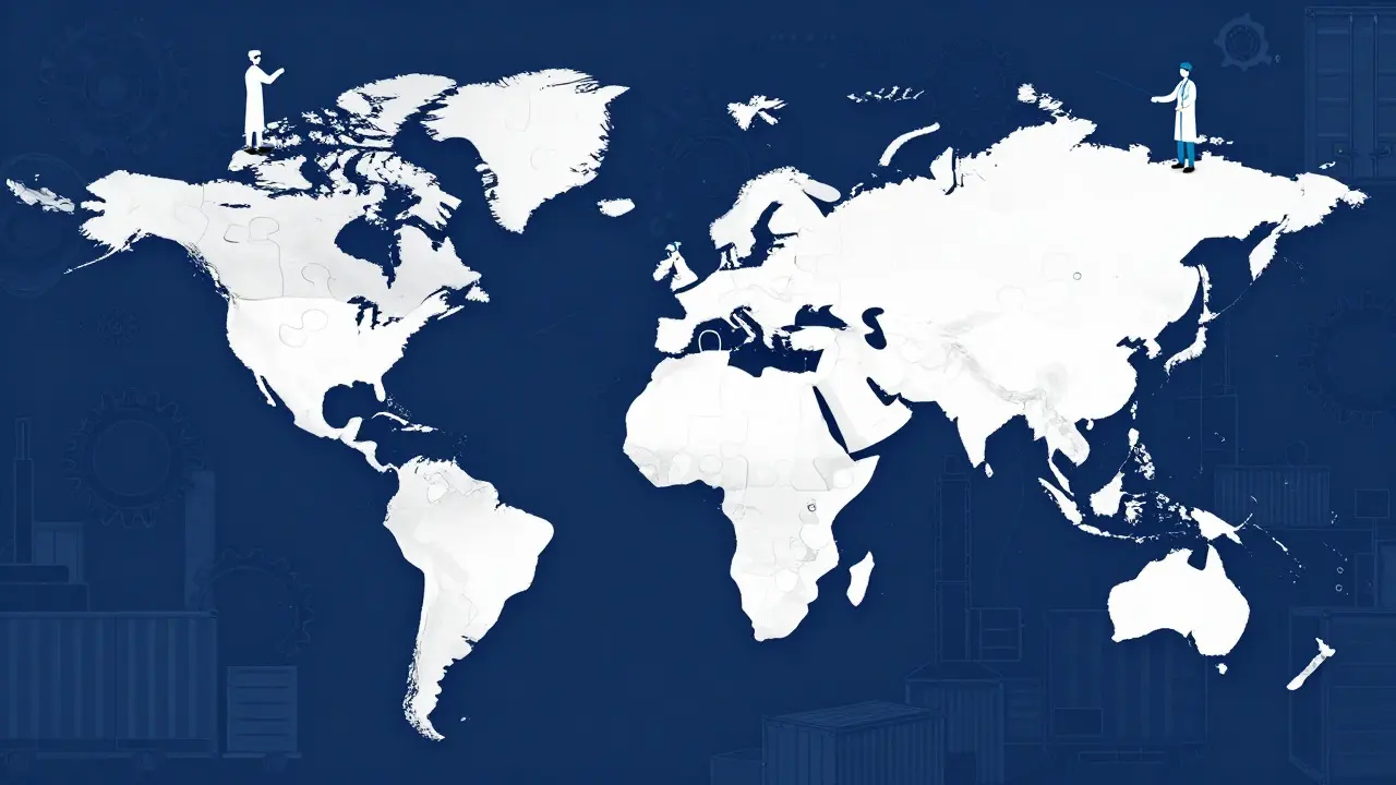 Broken global supply chain map with healthcare workers in duotone