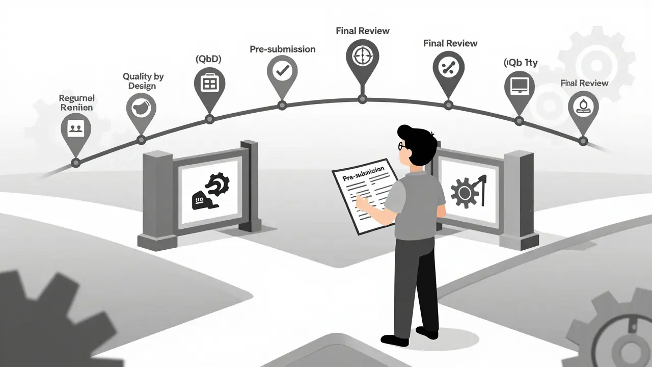 Cartoon of a professional navigating a path toward regulatory approval with blueprints