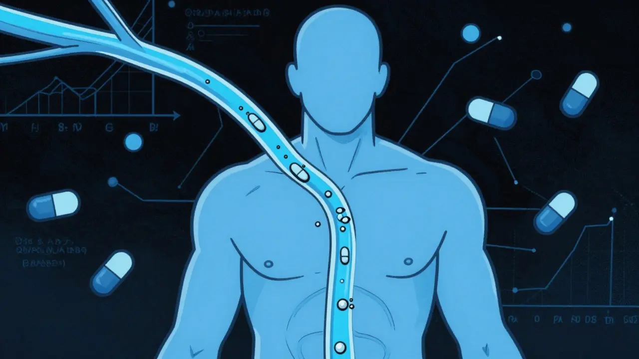 Cartoon showing drug absorption in a human bloodstream with data points