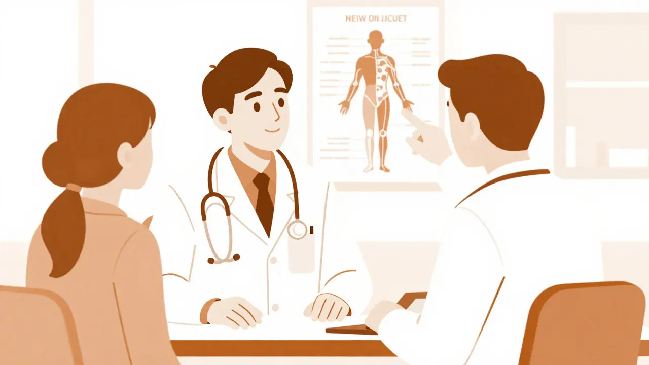Doctor explaining treatment to a patient in duotone illustration