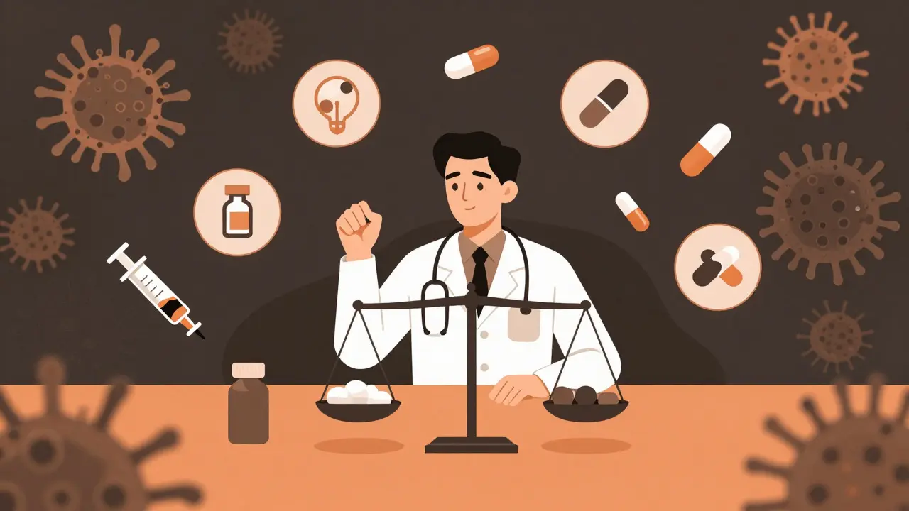 Doctor weighing treatment options amid growing bacteria in duotone