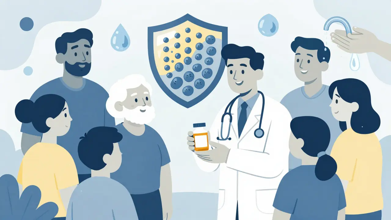 Duotone art of people practicing safe antibiotic use with probiotics and hand washing