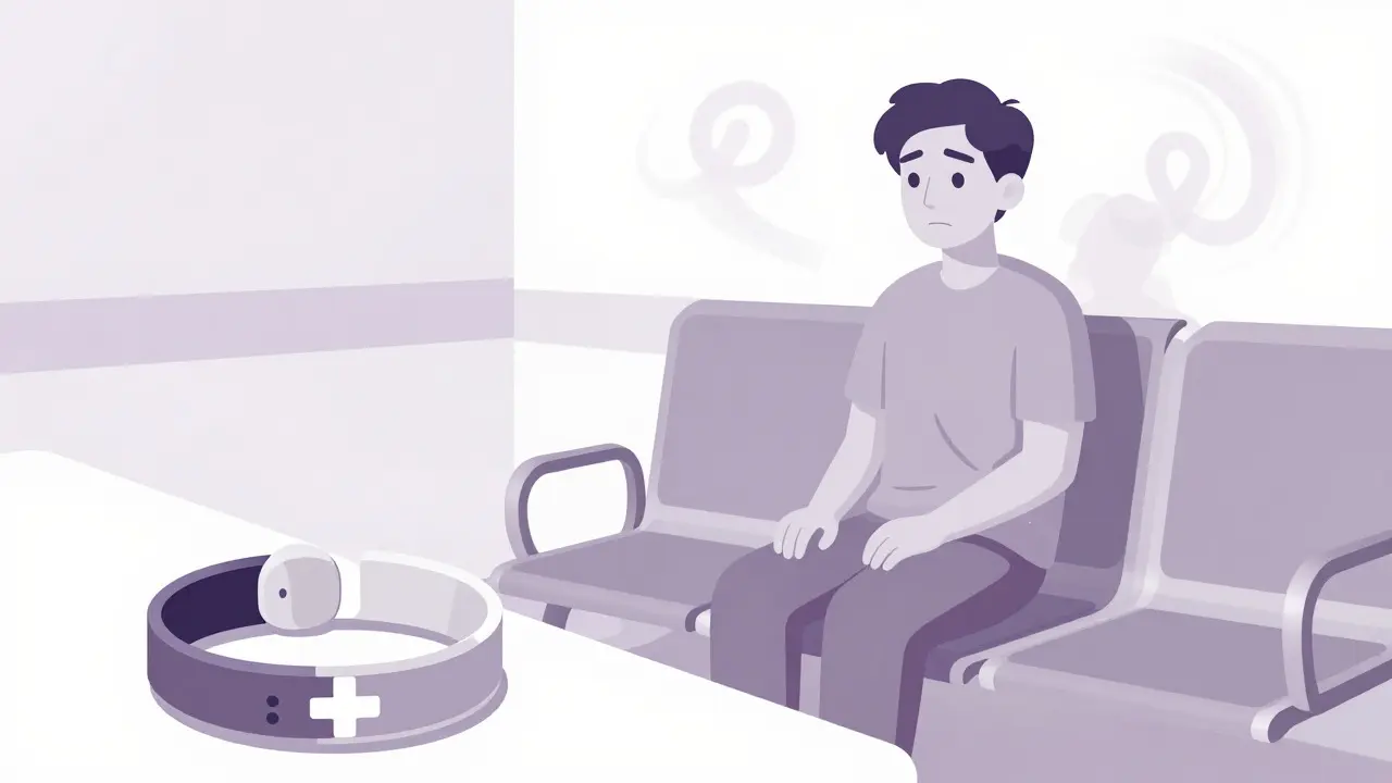 Duotone illustration of a patient recovering in a hospital setting with a medical alert bracelet