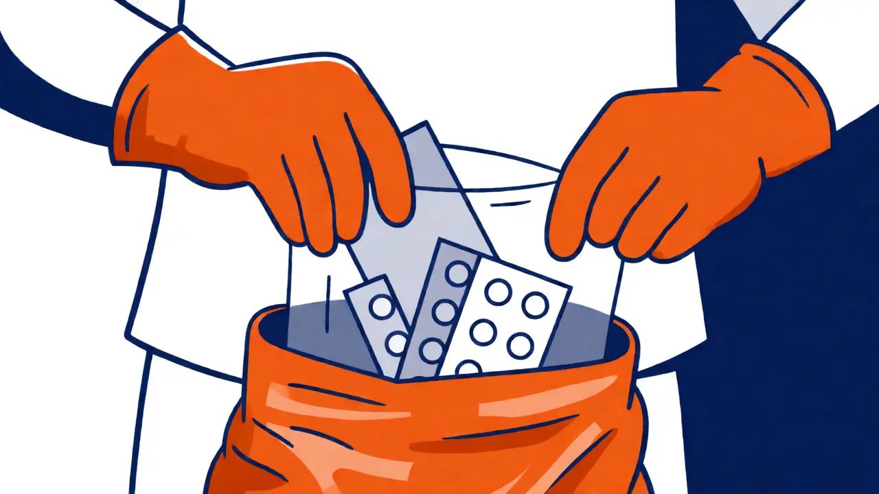 Hands double-bagging medical waste in duotone style