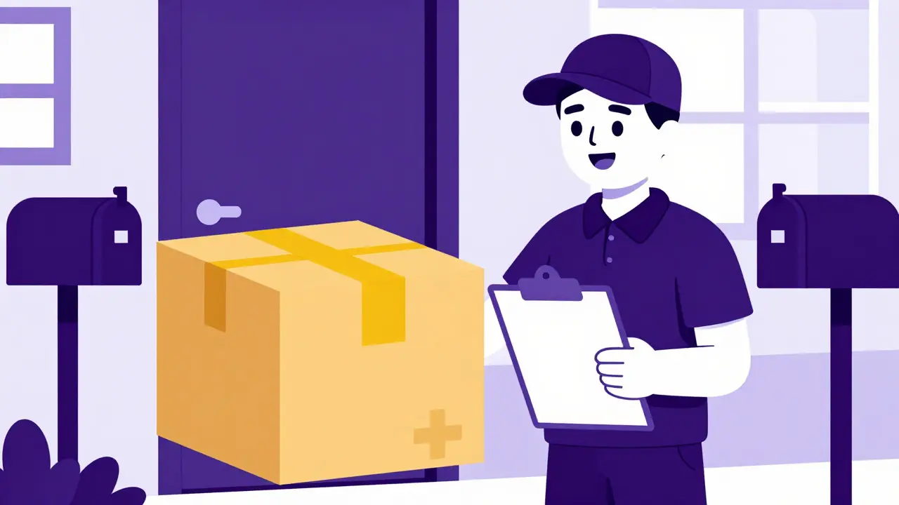 Illustration of a medicine package being delivered to a home doorstep