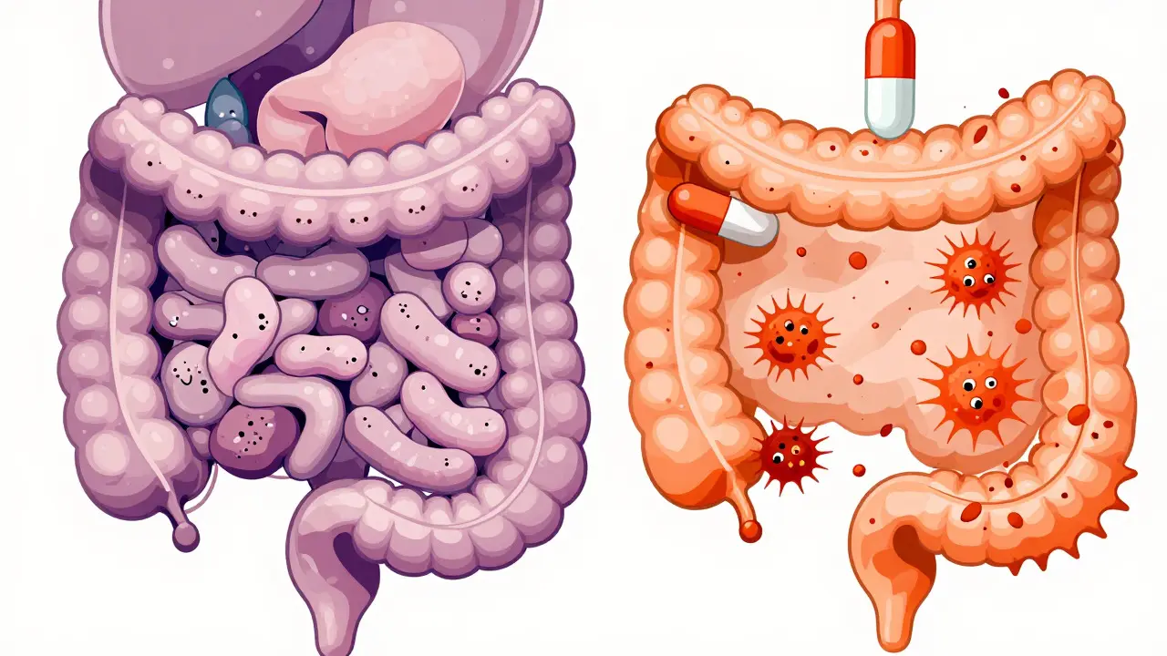 Illustration of gut health disruption where antibiotics allow C. diff bacteria to grow