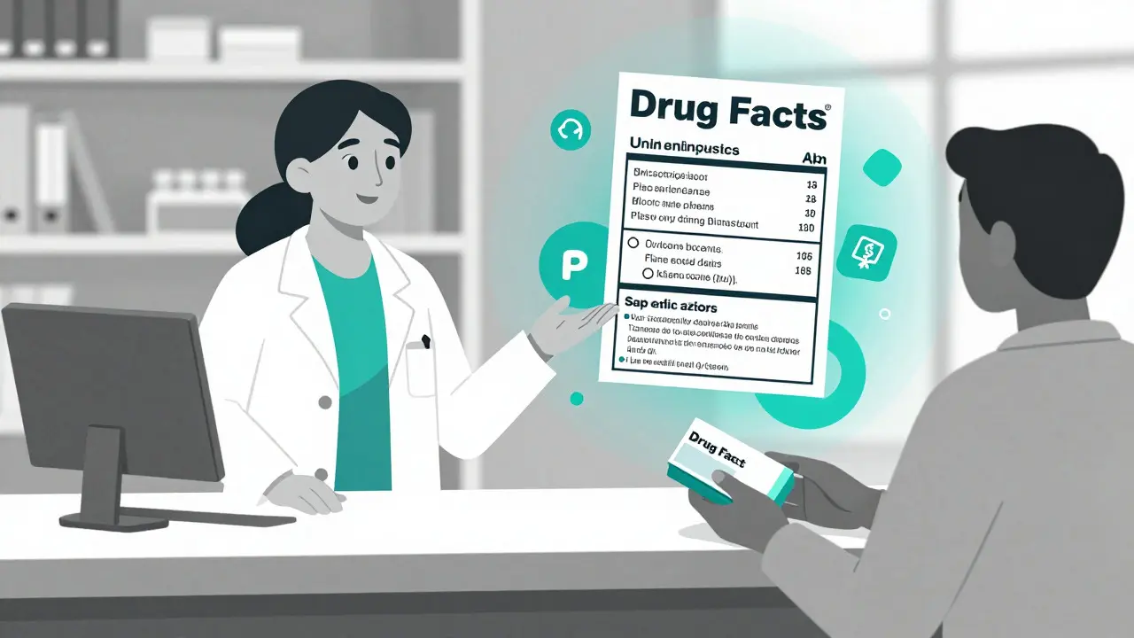 Pharmacist advising a customer with floating label icons in duotone