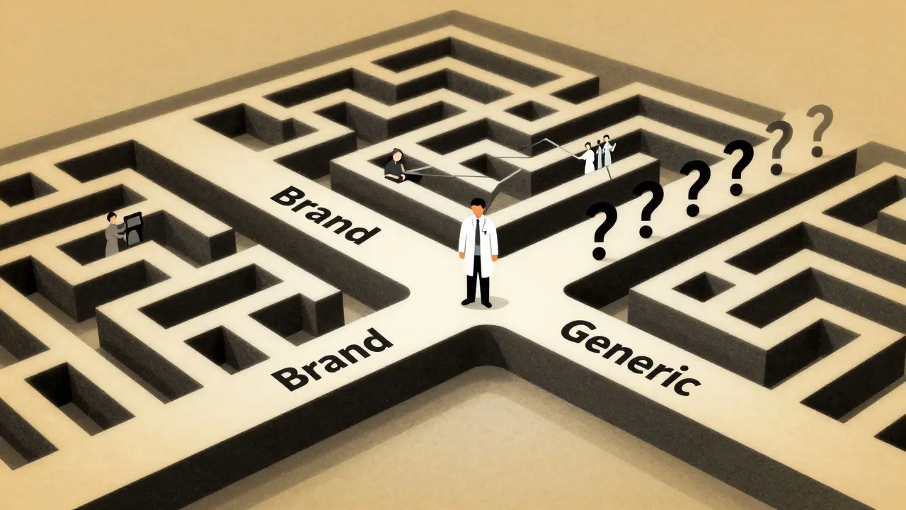 Physician navigating administrative maze with brand vs generic paths