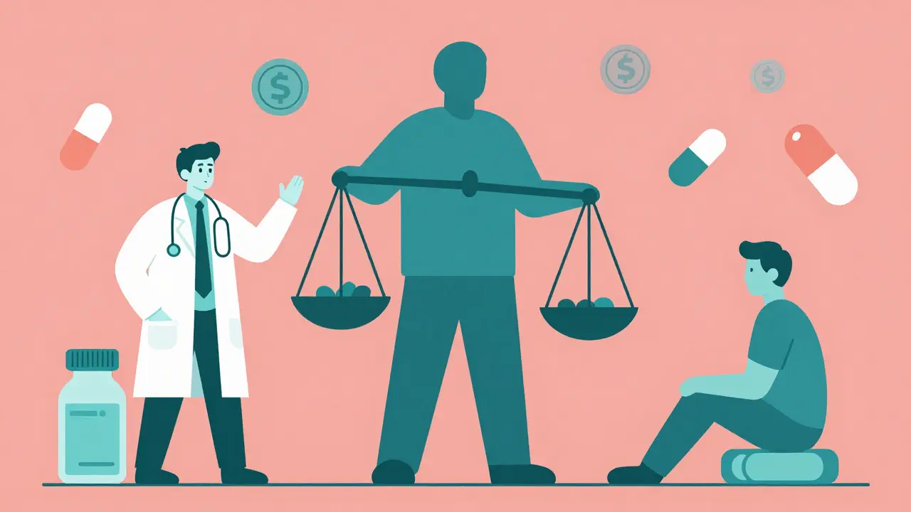 Shadowy PBM figure balancing scales between doctor and patient