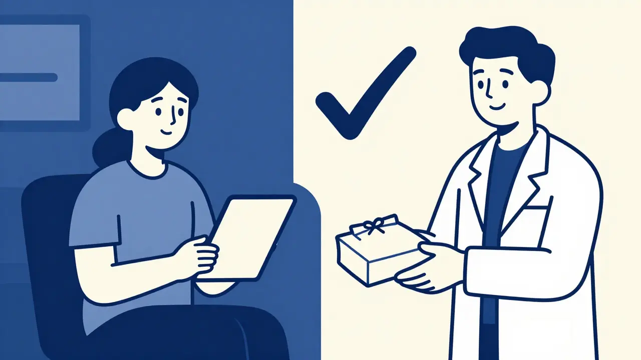 Split-screen cartoon showing a patient on a video call and a pharmacist handing over medication
