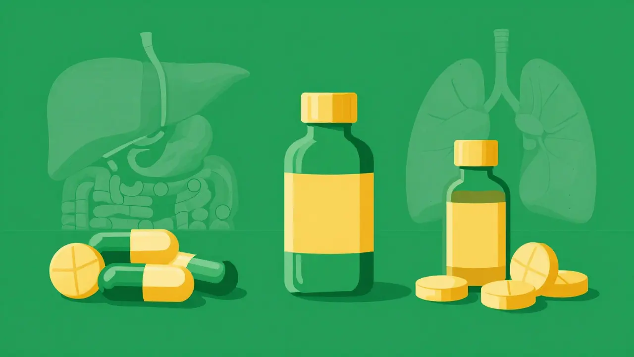 Stylized pills with faint organ silhouettes in duotone illustration