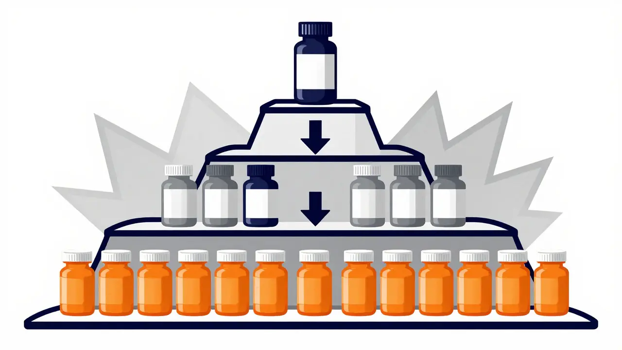 Three-tier structure showing generic vs brand drug costs in duotone