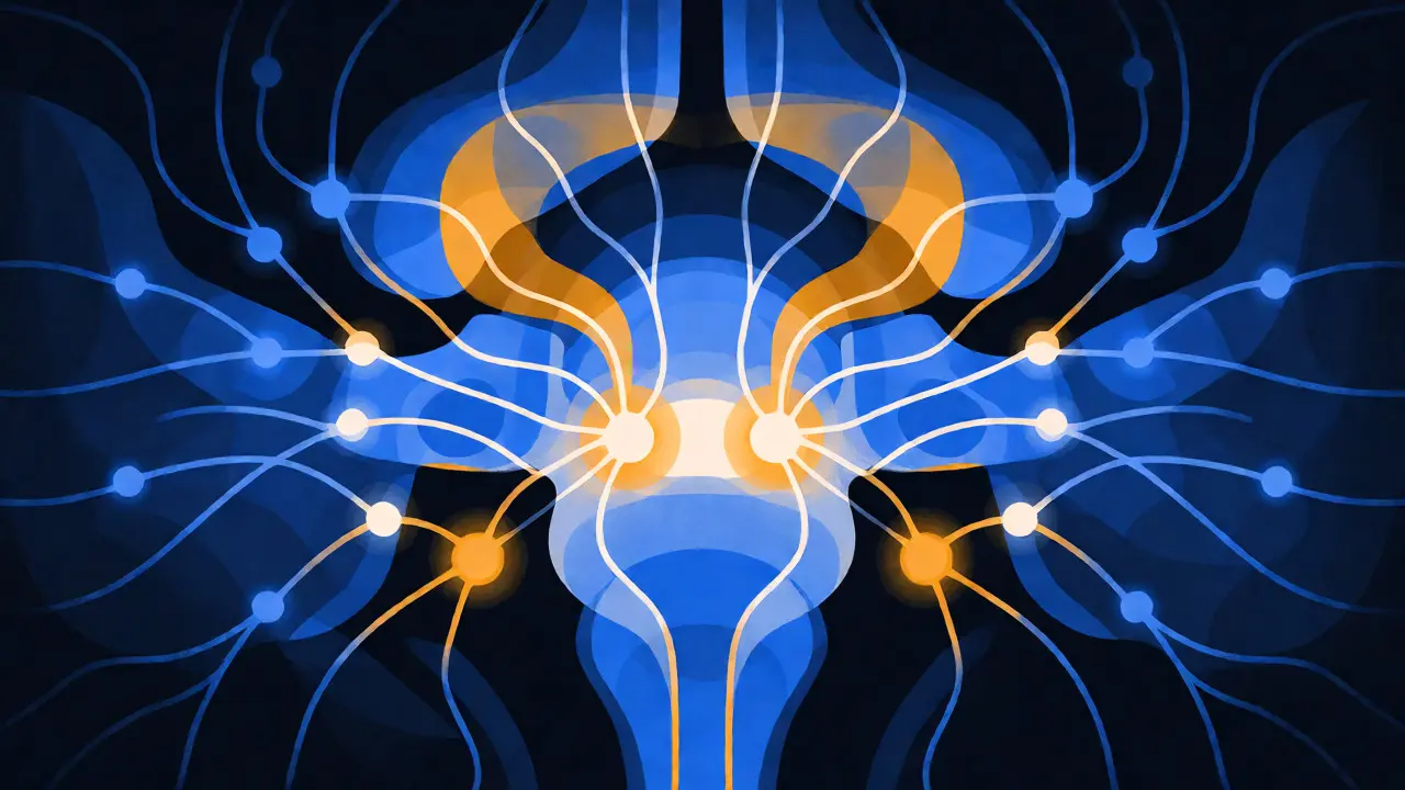 Abstract diagram of brainstem signaling slowed by combined drug effects.