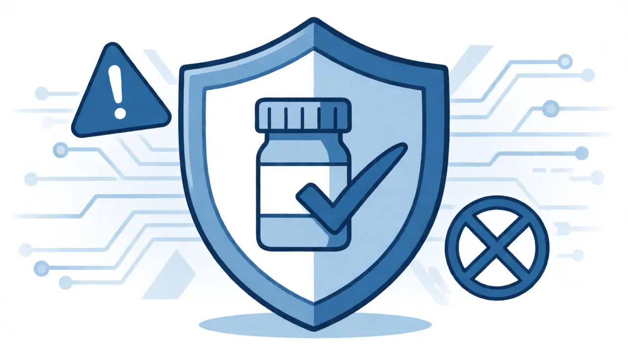 Conceptual duotone shield protecting a pill bottle from online scams.
