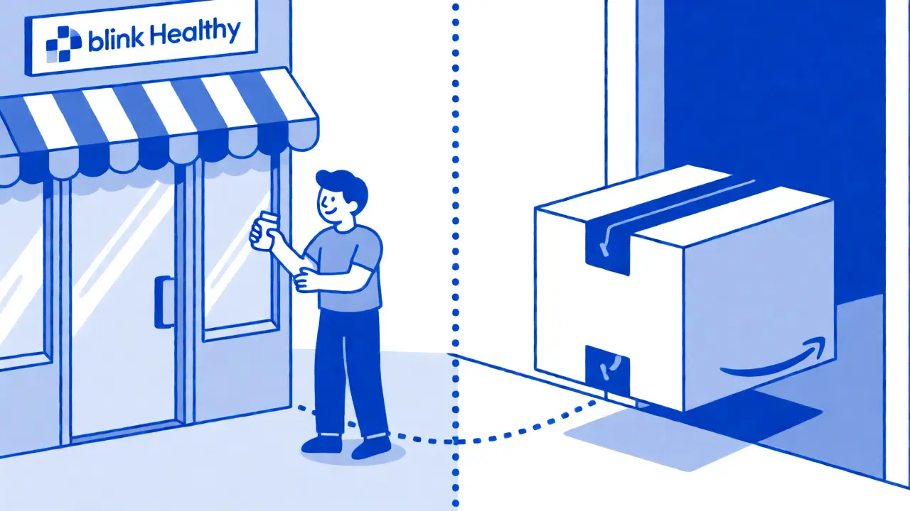 Duotone cartoon showing local pharmacy pickup versus online home delivery.